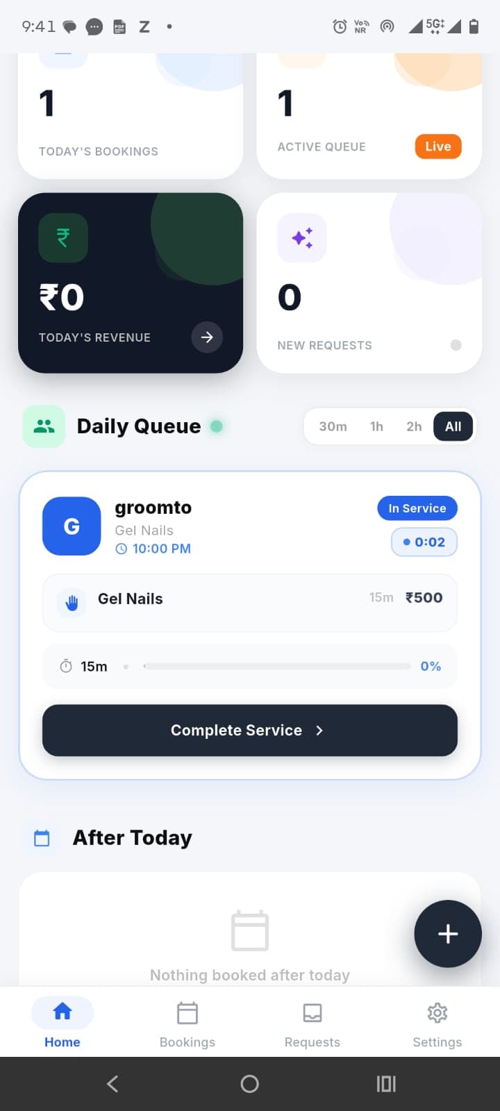 Groomto Partner app dashboard